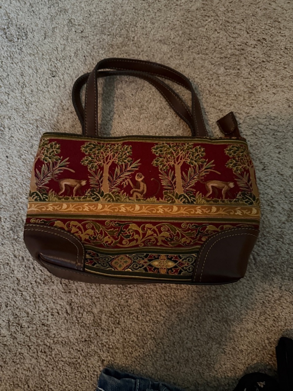 Relic Red Tapestry Shoulder Bag with Brown Trim